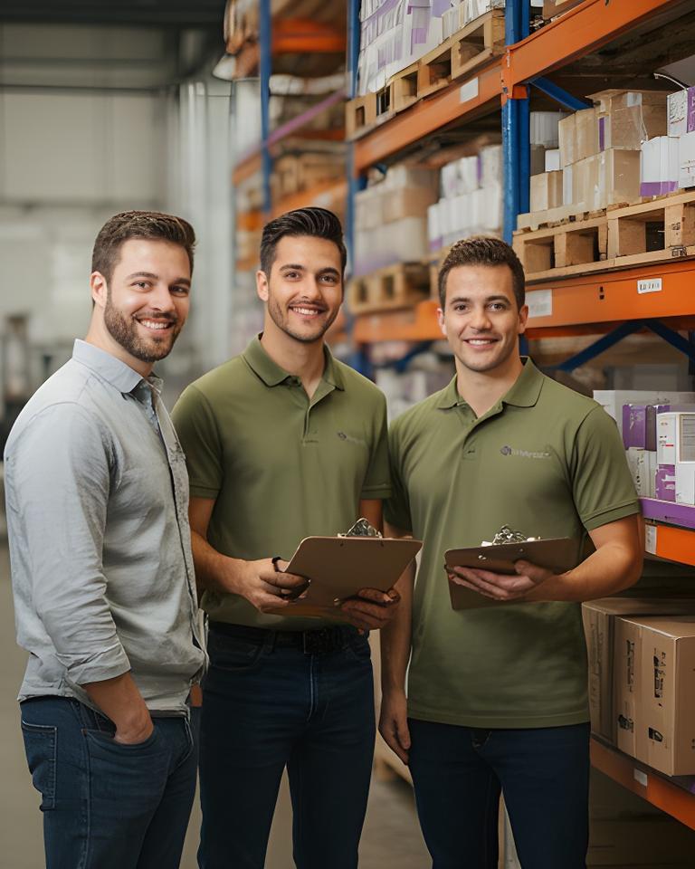 Friendly procurement team standing beside pallet racks in a Bayport warehouse office