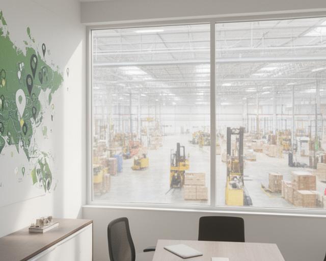 Bright Bayport office overlooking a warehouse floor with a wall map and location pin artwork