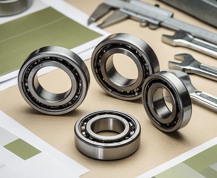Industrial bearings arranged on a clean workbench with precision tools and specification sheets