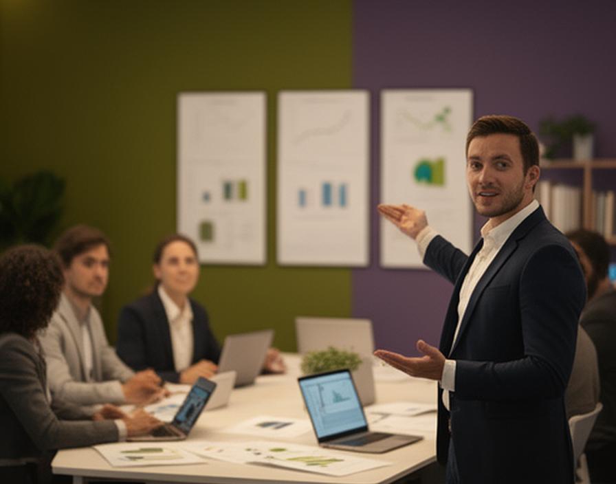 Supplier account manager presenting a product range and growth report in a modern meeting room