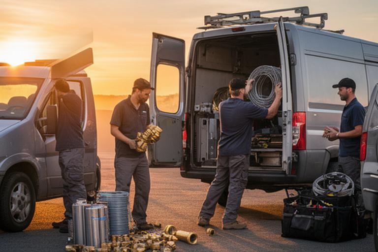 Regional HVAC contractor team loading fittings and coils into a service van at sunrise