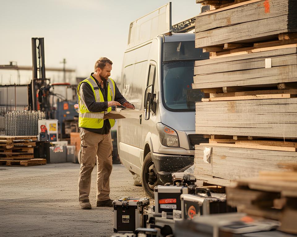 Construction supervisor reviewing jobsite supplies beside a work van and stacked materials