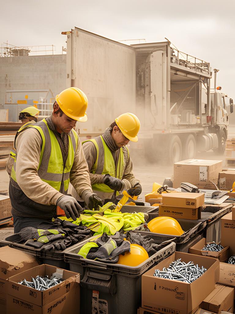 Construction crew sorting safety helmets, fasteners, and boxed supplies beside a busy jobsite truck