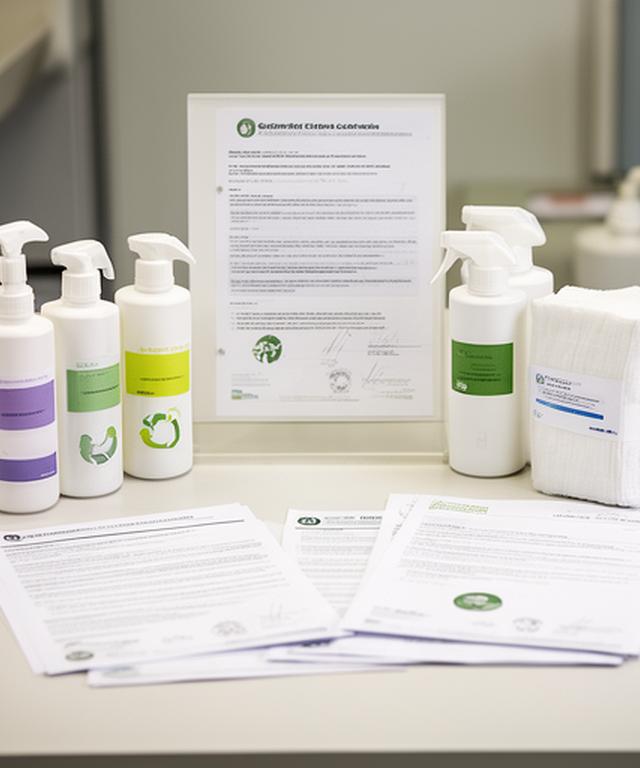 Eco cleaning certification display with labelled products, paper goods, and tidy compliance paperwork on a facility table
