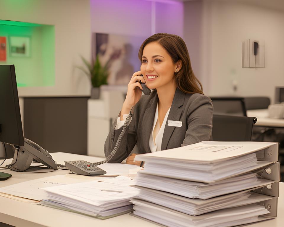 Support specialist at a tidy procurement desk answering a phone beside stacked order folders