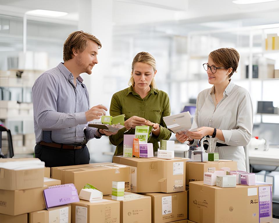 Warehouse team reviewing supplier samples beside neatly stacked product cartons in a bright procurement office