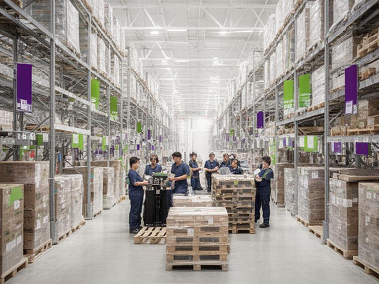 Warehouse team preparing pallets beside neatly labelled supply aisles and bright inventory racks