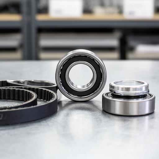 Close-up of sealed bearings and belts arranged on a clean steel bench