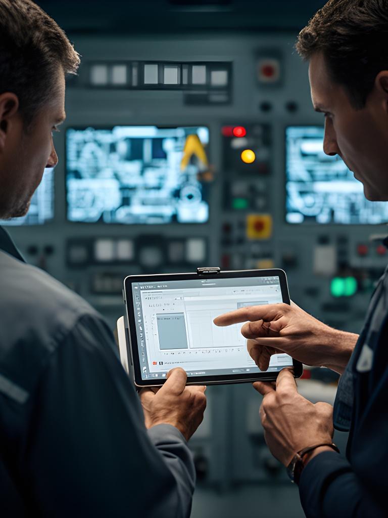 Plant manager and maintenance lead reviewing downtime metrics on a tablet in a control room