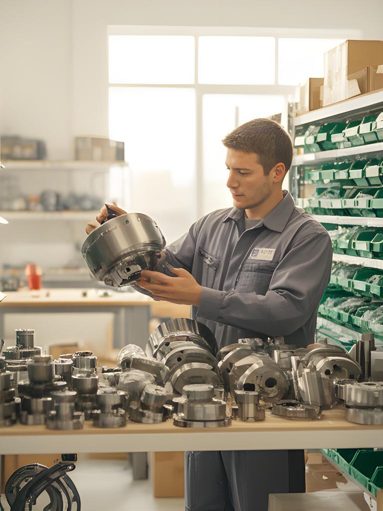Maintenance technician checking replacement parts in a bright industrial workshop with organised shelves