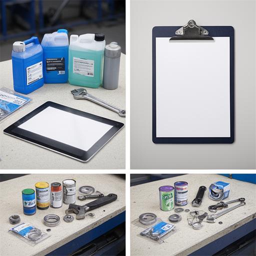 Colour-coded MRO consumables and repair supplies laid out beside a tablet and clipboard