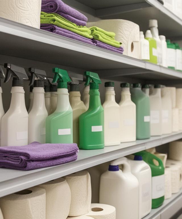 Janitorial closet restock kit with spray bottles, cloths, paper towels, and labelled containers on tidy shelving