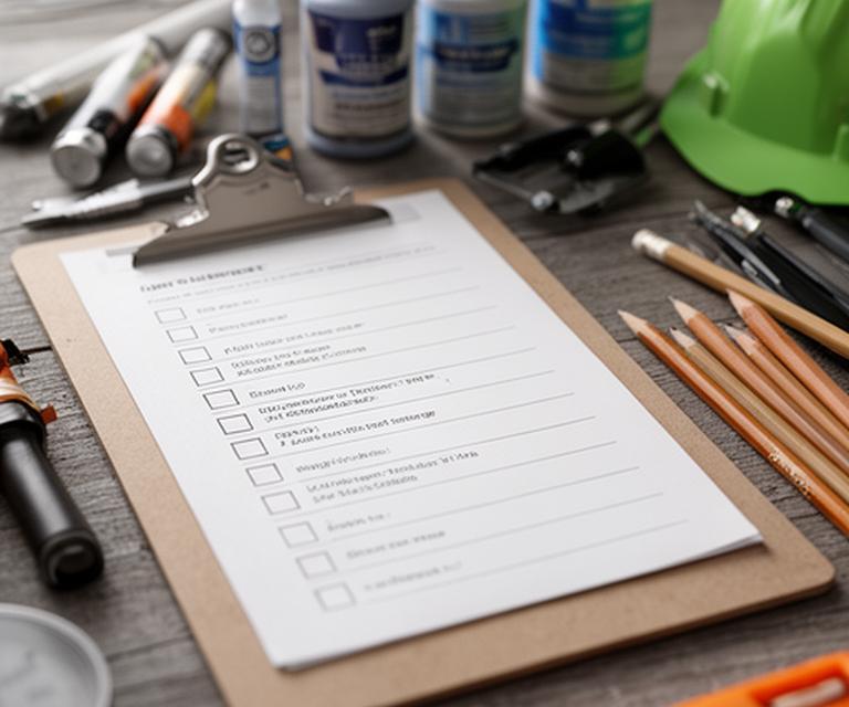 Clipboard checklist beside jobsite consumables, pencils, and safety labels on a contractor table