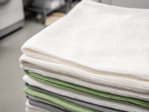Stack of microfiber cloths in a commercial laundry room ready for bulk purchasing