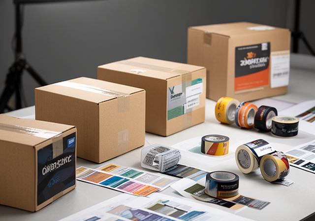 Printed shipping boxes and branded tape samples displayed on a studio table with colour proofs