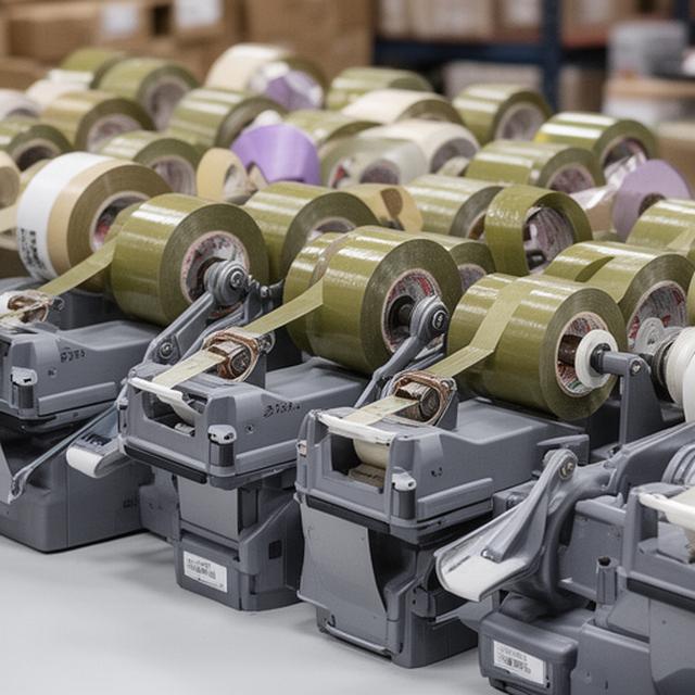 Rows of packing tape rolls and dispensers ready for high-volume shipping stations