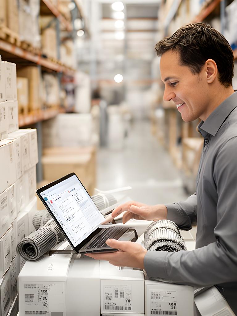 Warehouse procurement manager reviewing category tablets beside stacked cartons and a laptop in a bright stock room