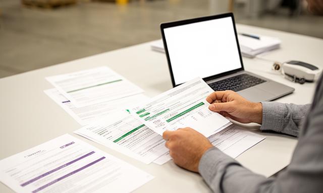 Operations manager attaching a spreadsheet to a purchase request at a modern desk