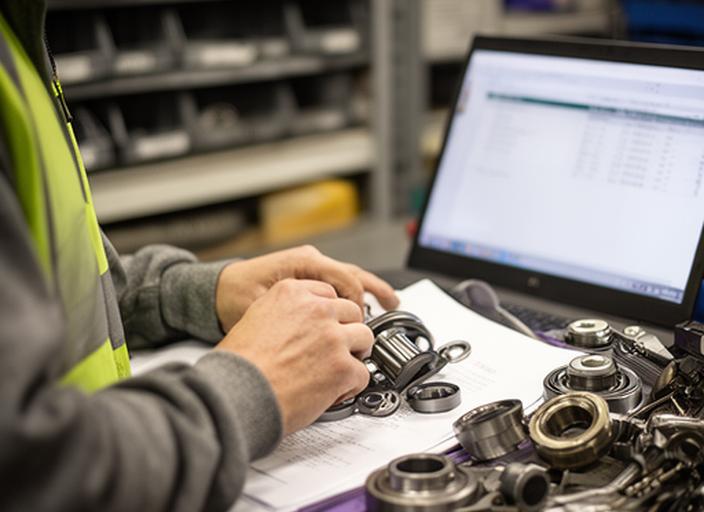 Maintenance coordinator checking replacement parts against a supplier catalogue on a laptop near workshop shelving