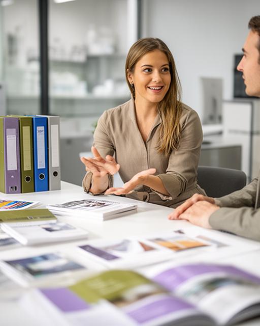 Buyer support specialist speaking with a customer at a desk surrounded by catalog samples