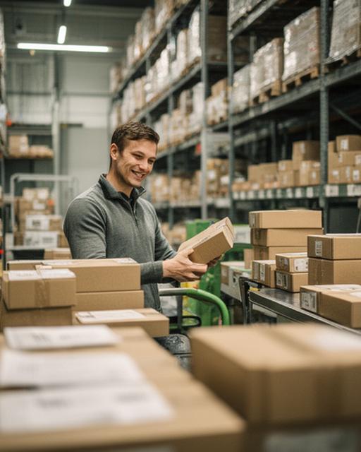 Warehouse operations specialist smiling while checking packed orders in a tidy stockroom