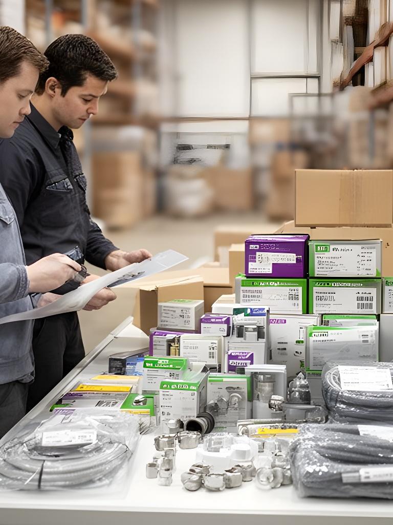 Contractors reviewing electrical, plumbing, and HVAC parts on a clean warehouse packing bench