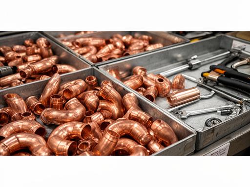 Copper elbows arranged in trays beside plumbing tools and a measured parts list