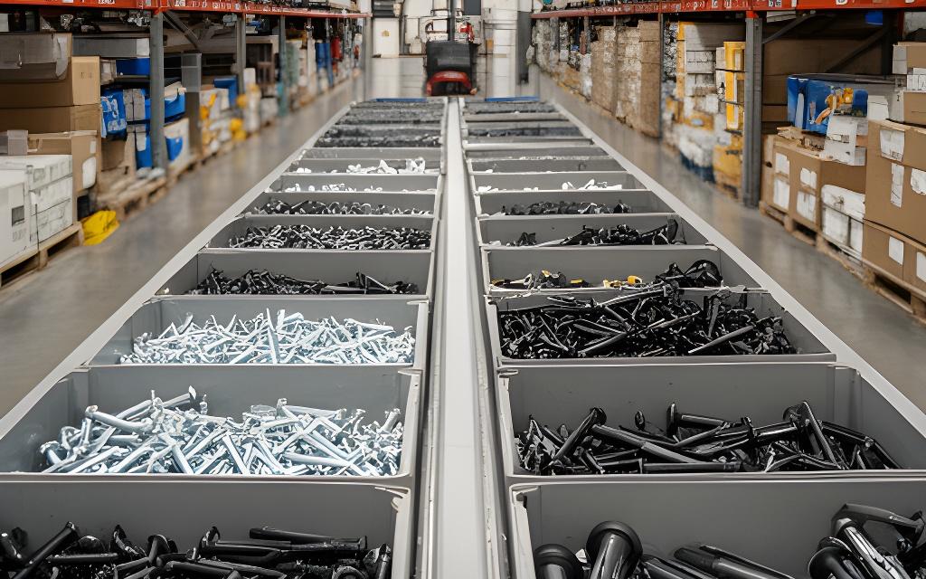 Bulk trays of bolts, anchors, and fasteners arranged for contractor picking in a warehouse aisle
